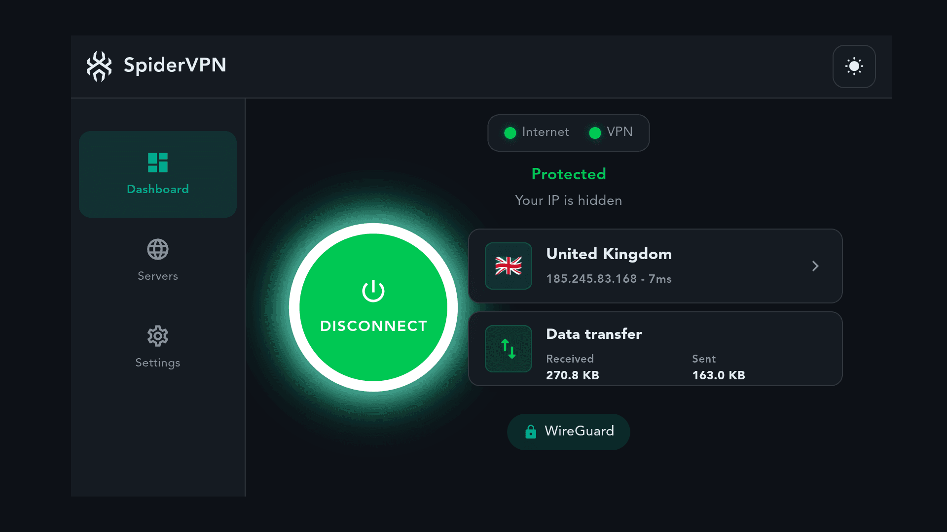 SpiderVPN app dashboard showing a protected connection to a UK server